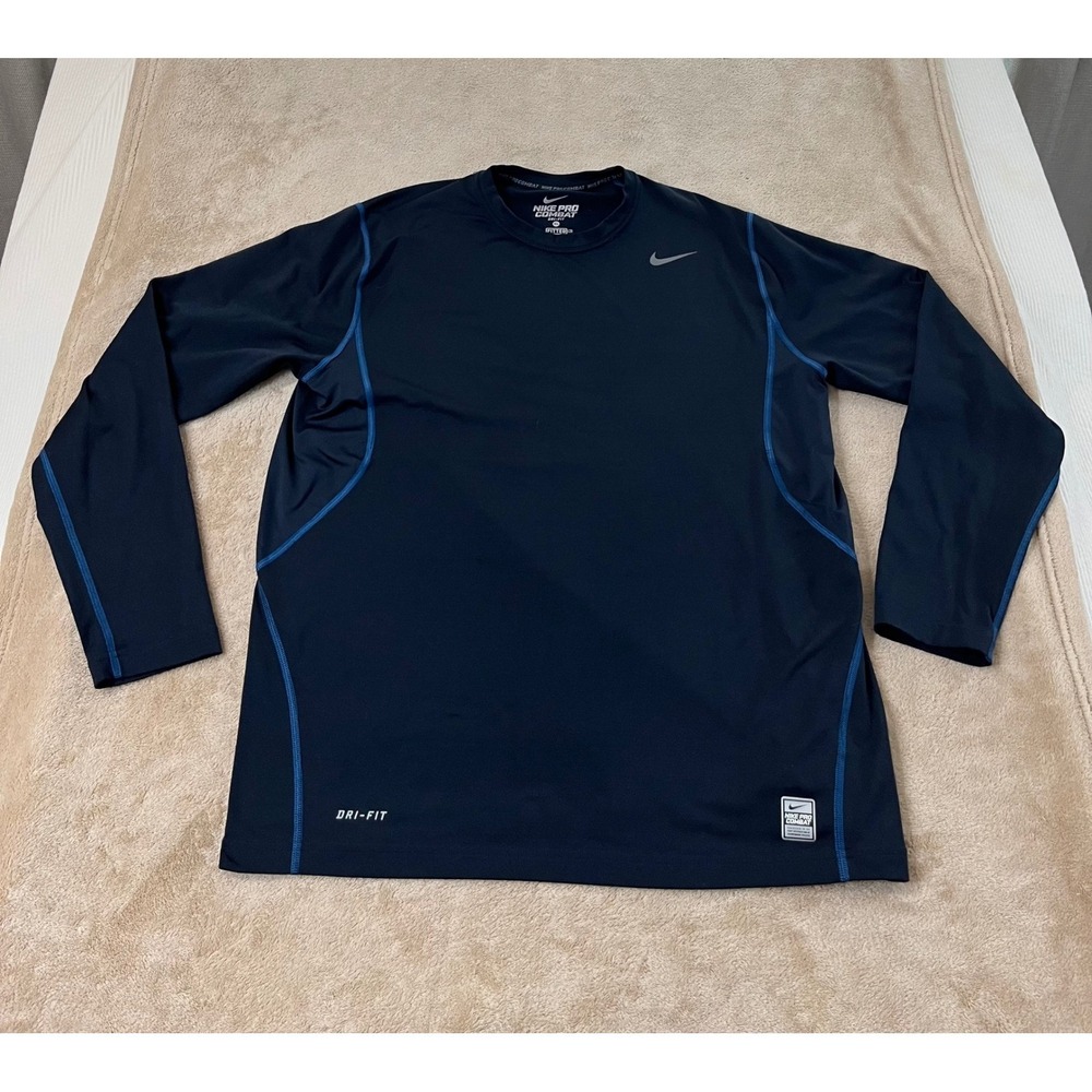 Nike Pro Combat Dri-FIT Fitted Shirt Men's XL Navy Blue Training Top long sleeve